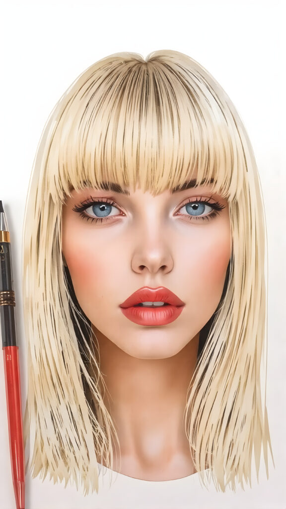 realistic and detailed hand drawing, a realistic girl, straight blond hair, bangs, full plump red lips, perfect makeup