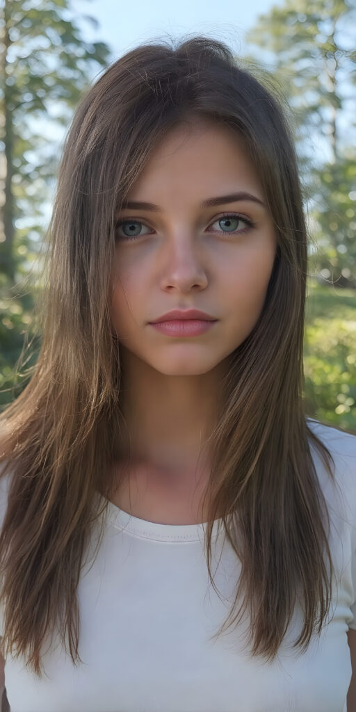 realistic and detailed portrait of a (((stunning))), ((gorgeous)), a young adult girl with straight soft long (((dark chocolate copper hair))) and ((vividly captivating (hazel eyes) that draw you in. She stands in a (sunlit meadow) under a clear blue sky, wearing a (soft, sheer cropped (white t-shirt). The overall atmosphere should convey a sense of innocent beauty and (softness)