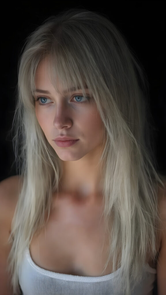 realistic and detailed portrait of a young, pretty 18 years old teen girl with long straight jet white hair, black background, weak light illuminates the girl a little, side view, wears a thin cropped white tank top made of wool, perfect body