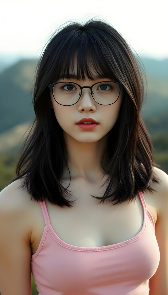 realistic and detailed portrait from a (((cute well busty teen emo girl with long, soft black straight hair framing her face in gentle waves, shoulder long bob cut)) and amber eyes, full lips, ((wears a no printed short form-fitting pink tank top)), against a (((sunny backdrop top of hill))))), she is beautiful and wears black glasses.