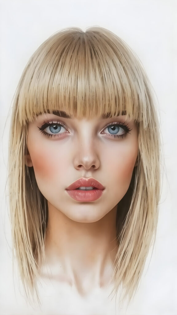 realistic and detailed hand drawing, a realistic girl, straight blond hair, bangs, full plump red lips, perfect makeup
