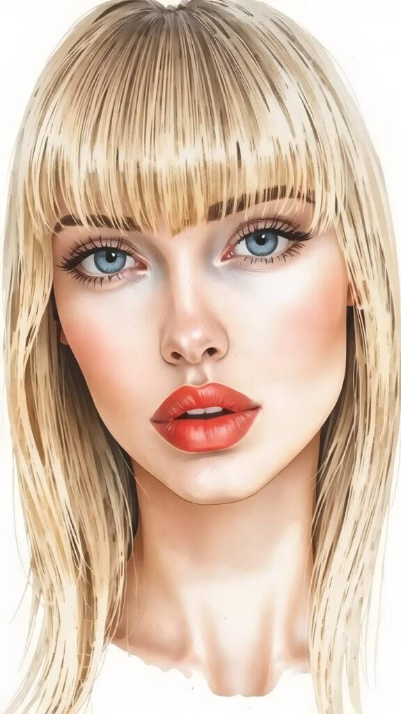 realistic and detailed hand drawing, a realistic girl, straight blond hair, bangs, full plump red lips, perfect makeup