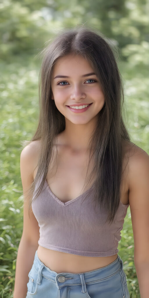 realistic and detailed photo from a young stunning gorgeous girl, short cropped tank top, deep v-neck, jeans pants, smile, long soft jet hair, natural green sunny backdrop