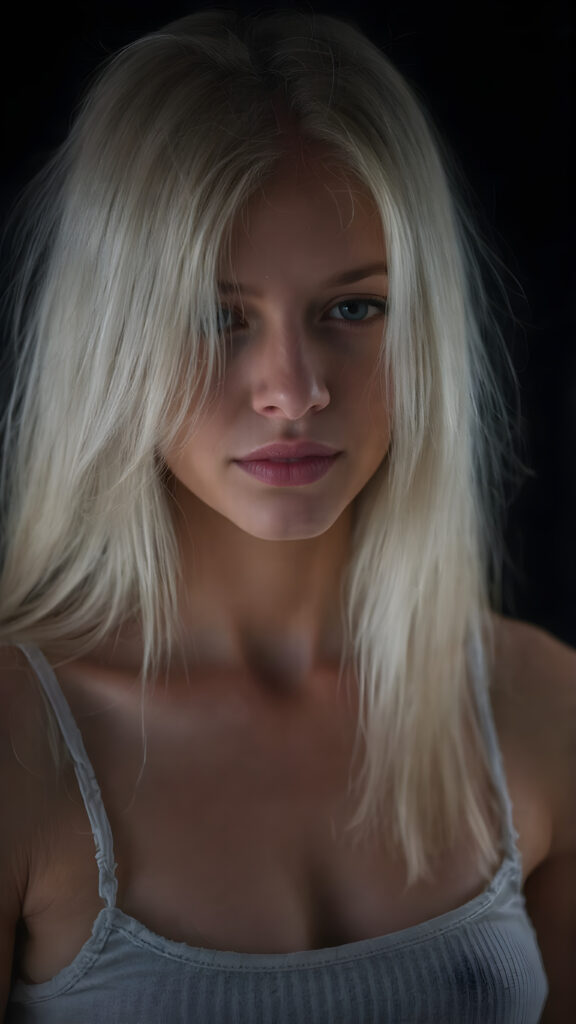realistic and detailed portrait of a young, pretty 18 years old teen girl with long straight jet white hair, black background, weak light illuminates the girl a little, side view, wears a thin cropped white tank top made of wool, perfect body