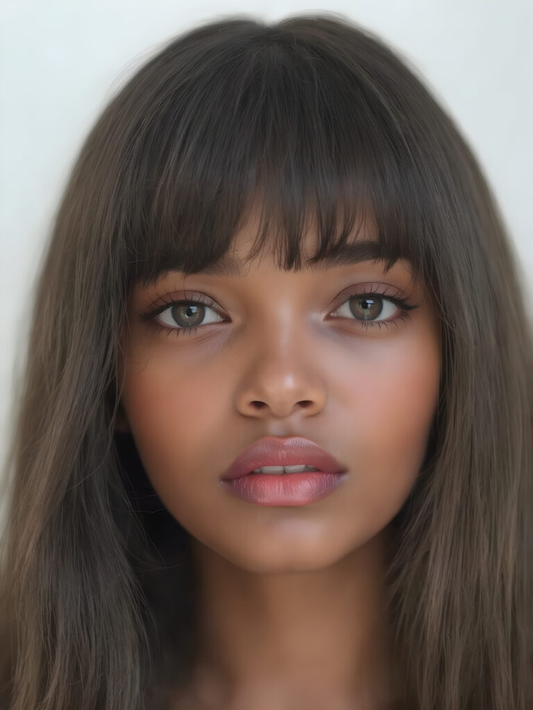 realistic and detailed, a beautiful woman with a flawless face, full plump red kissable lips, symmetrical nose, black, big round and shiny eyes, brown skin, straight black detailed soft hair, bangs