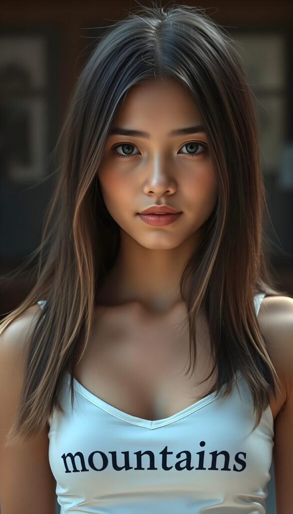 realistic and detailed photo from a cute, young well busty woman with long, straight, soft black hair and gold highlights in the same length left and right, wearing a white cropped spaghetti tank top with the words “mountains” printed in black letters, deep v-neck, perfect female body