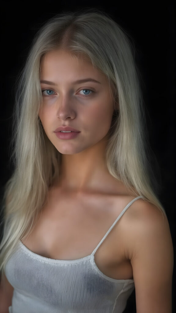 realistic and detailed portrait of a young, pretty 18 years old teen girl with long straight jet white hair, black background, weak light illuminates the girl a little, side view, wears a thin cropped white tank top made of wool, perfect body