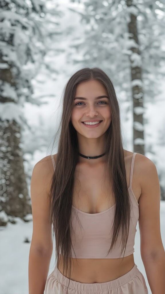 realistic and detailed vacation photo capturing a very happy well busty girl, 18 years old, she wears a thin short cropped spaghetti tank top pared with a short round mini skirt, very long wavy and flowing soft black hair, deep v-neck, upper body, (in the background is a cold, snowy white forest, snow-covered mountains, she wears a black, thin collar