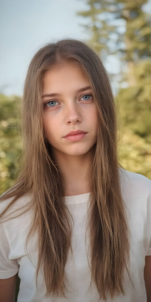 realistic and detailed portrait of a (((stunning))), ((gorgeous)), a young adult girl with straight soft long (((dark chocolate copper hair))) and ((vividly captivating (hazel eyes) that draw you in. She stands in a (sunlit meadow) under a clear blue sky, wearing a (soft, sheer cropped (white t-shirt). The overall atmosphere should convey a sense of innocent beauty and (softness)