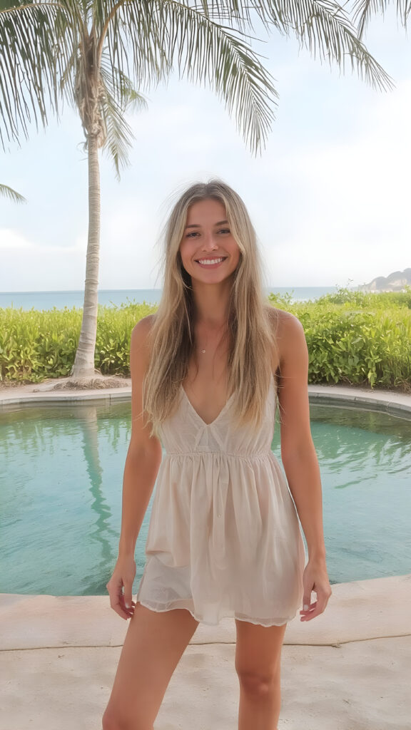 realistic and detailed vacation photo capturing a very happy barefoot and well busty girl, 21 years old, she wears a thin short summer dress, an oasis is in the background, very long straight jet soft blond hair, deep v-neck, upper body