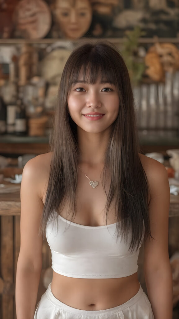 realistic and detailed vacation photo capturing a very happy barefoot and well busty Asian girl, 18 years old, she wears a thin white short cropped spaghetti tank top pared with a short round white mini skirt, very long straight jet soft brown and black hair in bangs cut, deep neck, she stands in front of a stand bar, she exposes her belly button