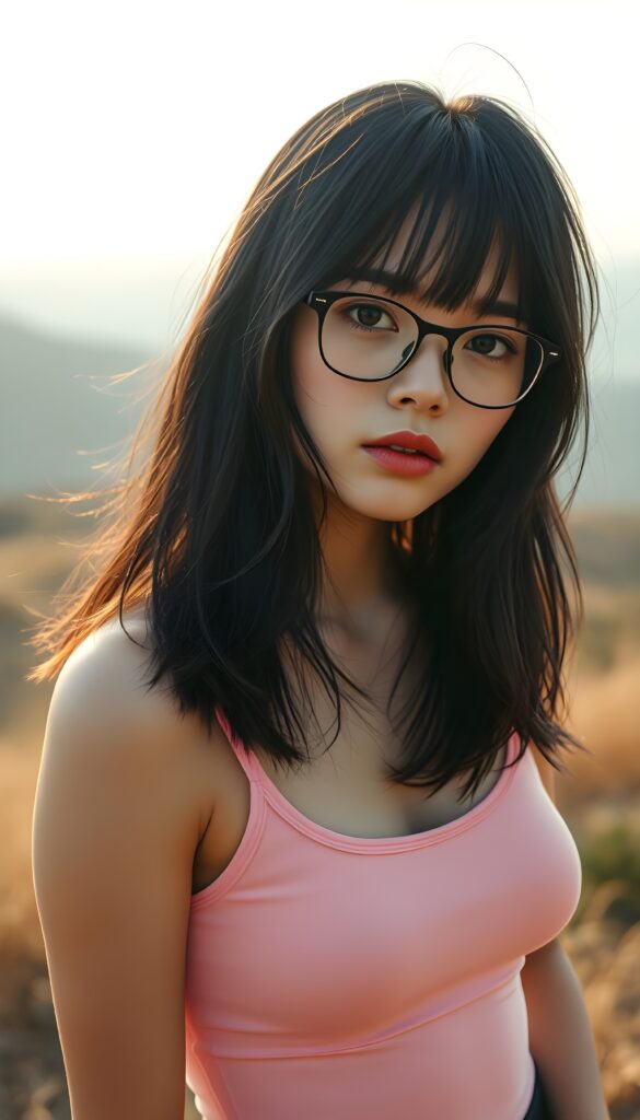 realistic and detailed portrait from a (((cute well busty teen emo girl with long, soft black straight hair framing her face in gentle waves, shoulder long bob cut)) and amber eyes, full lips, ((wears a no printed short form-fitting pink tank top)), against a (((sunny backdrop top of hill))))), she is beautiful and wears black glasses.