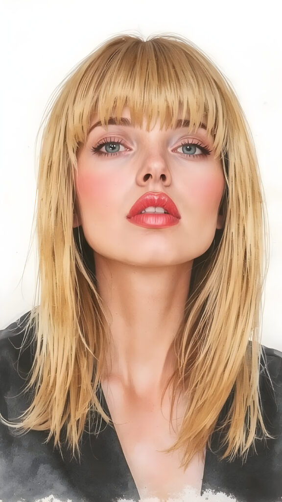 realistic and detailed hand drawing, a realistic girl, straight blond hair, bangs, full plump red lips, perfect makeup