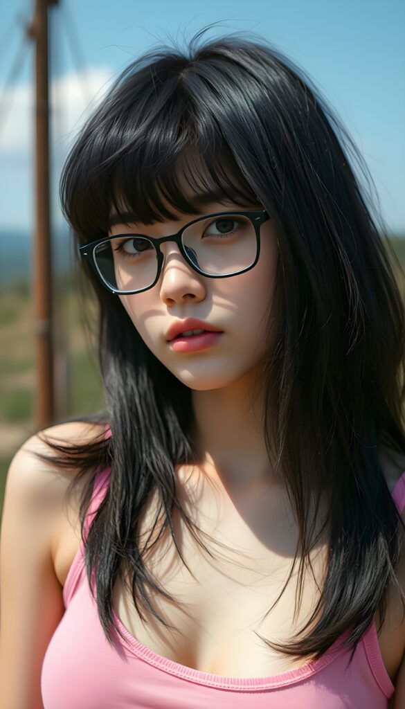 realistic and detailed portrait from a (((cute well busty teen emo girl with long, soft black straight hair framing her face in gentle waves, shoulder long bob cut)) and amber eyes, full lips, ((wears a no printed short form-fitting pink tank top)), against a (((sunny backdrop top of hill))))), she is beautiful and wears black glasses.