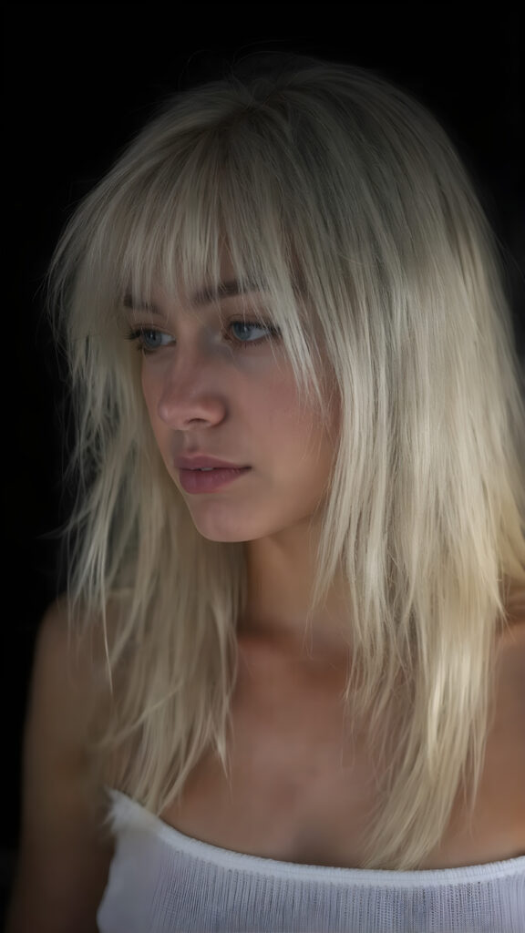 realistic and detailed portrait of a young, pretty 18 years old teen girl with long straight jet white hair, black background, weak light illuminates the girl a little, side view, wears a thin cropped white tank top made of wool, perfect body