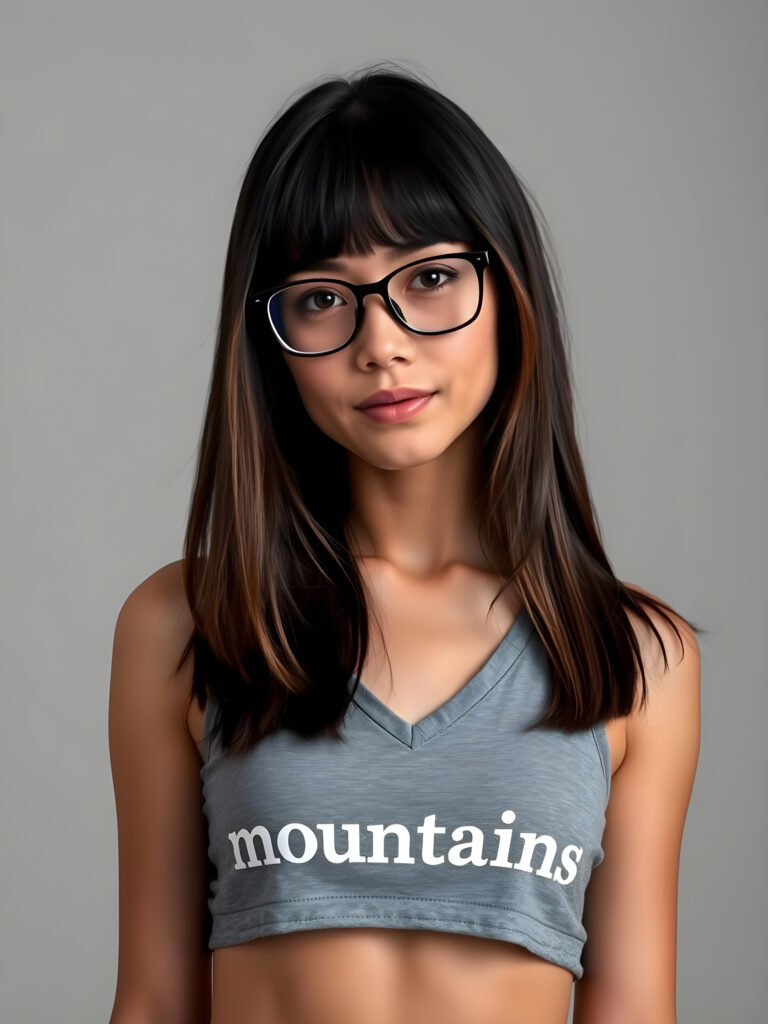 realistic and detailed upper body photo from a cute, young well busty woman with shoulder long, straight, soft black hair and brown highlights in the same length left and right, bob cut, wearing a gray cropped tank top with the words “mountains” printed in white letters, deep v-neck, perfect female body, empty light grey backdrop, black glasses