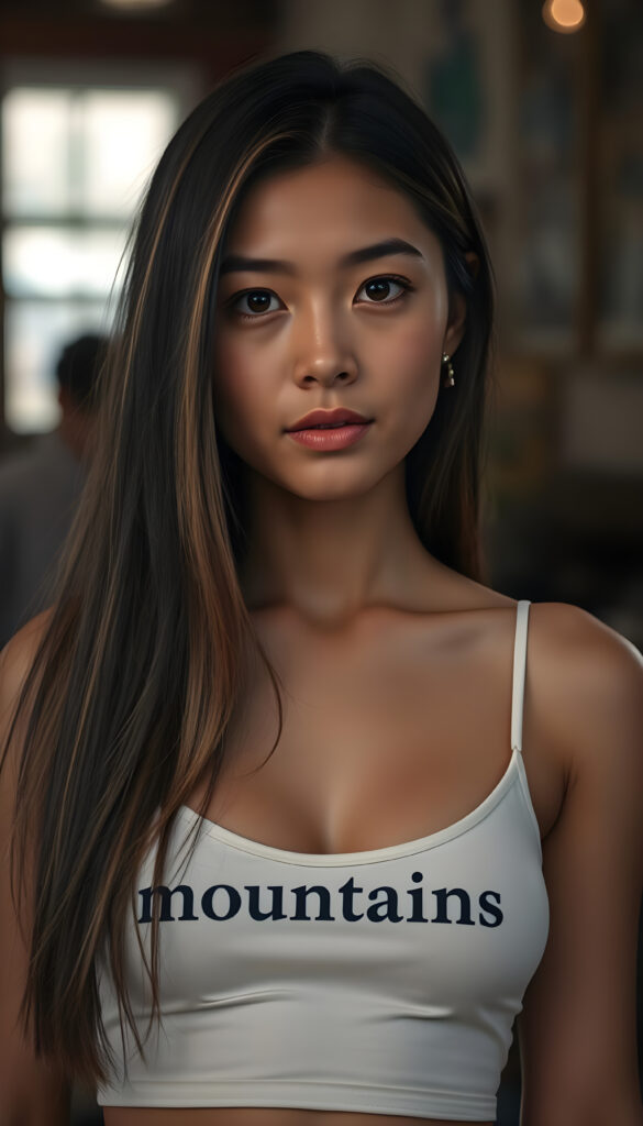 realistic and detailed photo from a cute, young well busty woman with long, straight, soft black hair and gold highlights in the same length left and right, wearing a white cropped spaghetti tank top with the words “mountains” printed in black letters, deep v-neck, perfect female body