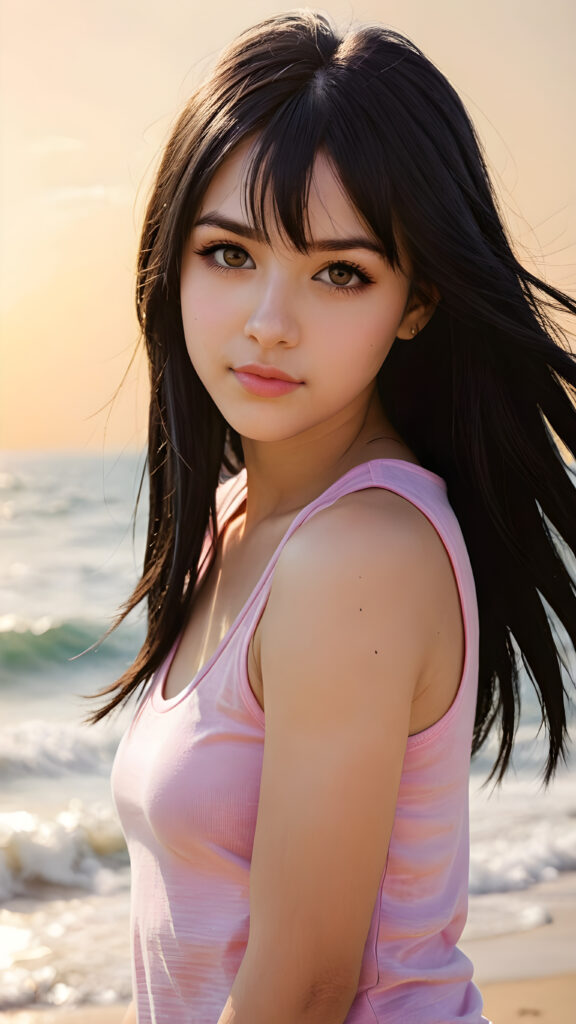 realistic and detailed portrait from a (((cute teen emo girl with long, soft black straight hair framing her face in gentle waves)) and amber eyes, full lips, ((wears a short form-fitting pink t-shirt)), against a (((sunny backdrop)))))