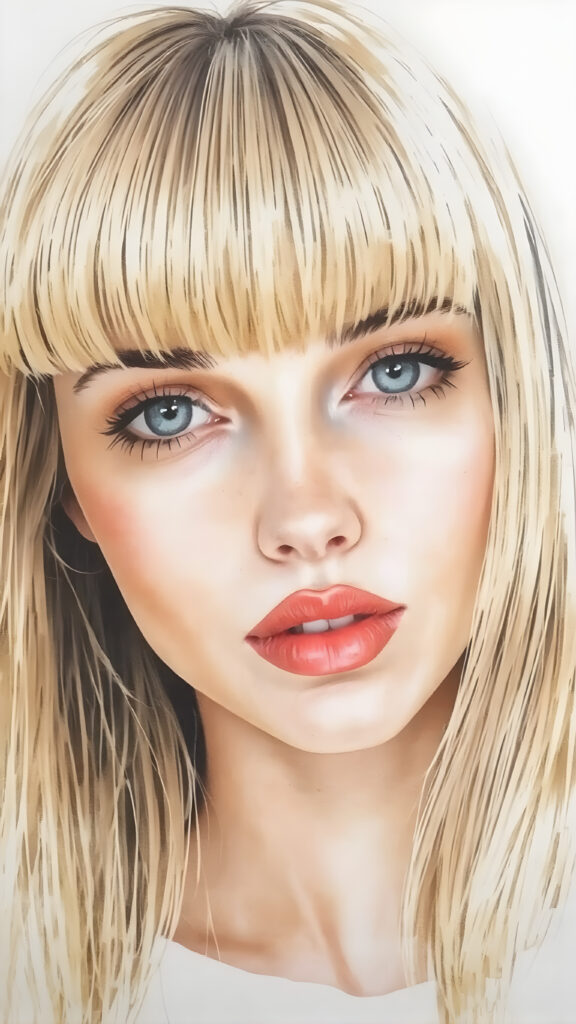 realistic and detailed hand drawing, a realistic girl, straight blond hair, bangs, full plump red lips, perfect makeup