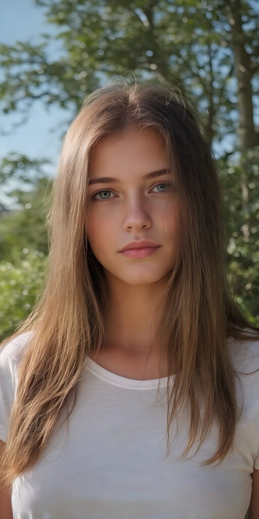 realistic and detailed portrait of a (((stunning))), ((gorgeous)), a young adult girl with straight soft long (((dark chocolate copper hair))) and ((vividly captivating (hazel eyes) that draw you in. She stands in a (sunlit meadow) under a clear blue sky, wearing a (soft, sheer cropped (white t-shirt). The overall atmosphere should convey a sense of innocent beauty and (softness)