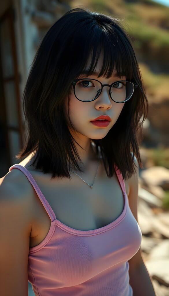 realistic and detailed portrait from a (((cute well busty teen emo girl with long, soft black straight hair framing her face in gentle waves, shoulder long bob cut)) and amber eyes, full lips, ((wears a no printed short form-fitting pink tank top)), against a (((sunny backdrop top of hill))))), she is beautiful and wears black glasses.