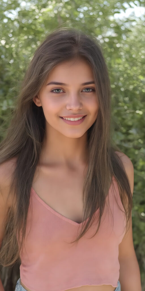 realistic and detailed photo from a young stunning gorgeous girl, short cropped tank top, deep v-neck, jeans pants, smile, long soft jet hair, natural green sunny backdrop