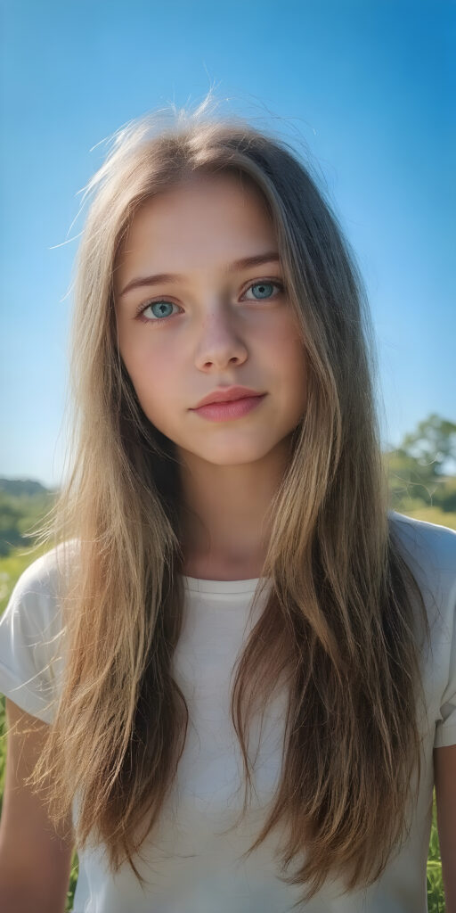 realistic and detailed portrait of a (((stunning))), ((gorgeous)), a young adult girl with straight soft long (((dark chocolate copper hair))) and ((vividly captivating (hazel eyes) that draw you in. She stands in a (sunlit meadow) under a clear blue sky, wearing a (soft, sheer cropped (white t-shirt). The overall atmosphere should convey a sense of innocent beauty and (softness)