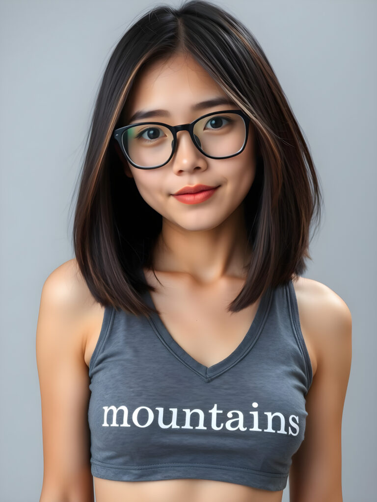 realistic and detailed upper body photo from a cute, young well busty woman with shoulder long, straight, soft black hair and brown highlights in the same length left and right, bob cut, wearing a gray cropped tank top with the words “mountains” printed in white letters, deep v-neck, perfect female body, empty light grey backdrop, black glasses