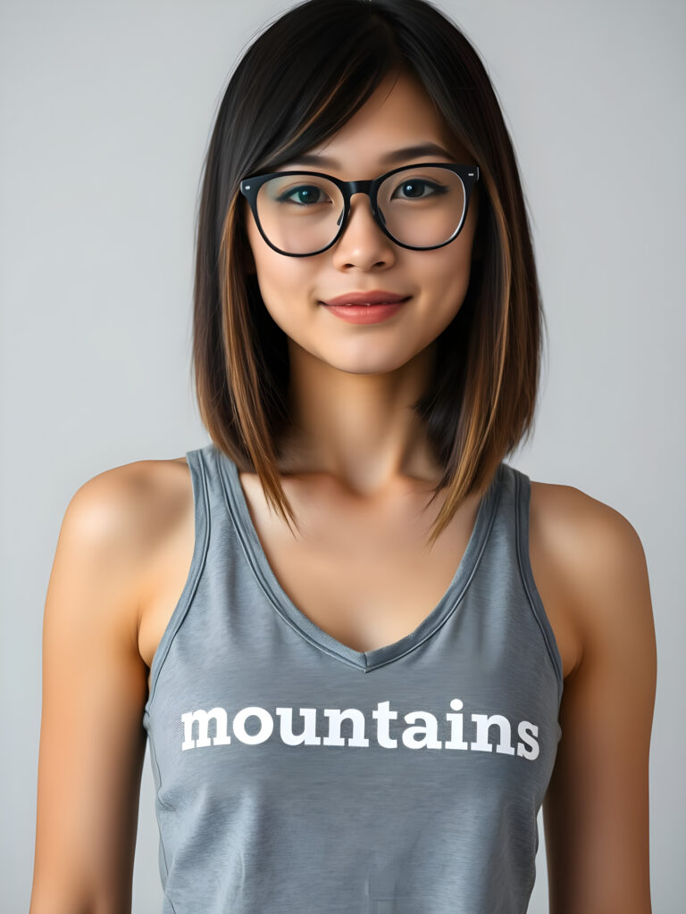 realistic and detailed upper body photo from a cute, young well busty woman with shoulder long, straight, soft black hair and brown highlights in the same length left and right, bob cut, wearing a gray cropped tank top with the words “mountains” printed in white letters, deep v-neck, perfect female body, empty light grey backdrop, black glasses