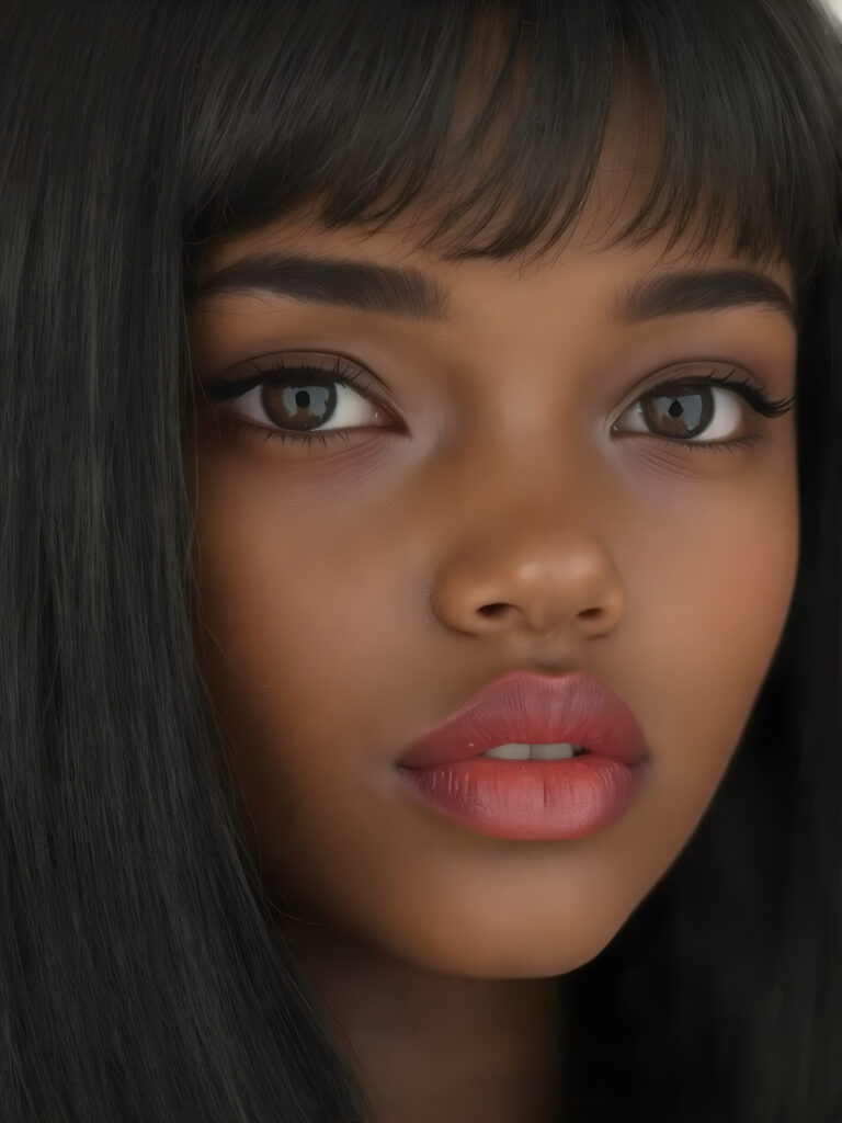 realistic and detailed, a beautiful woman with a flawless face, full plump red kissable lips, symmetrical nose, black, big round and shiny eyes, brown skin, straight black detailed soft hair, bangs