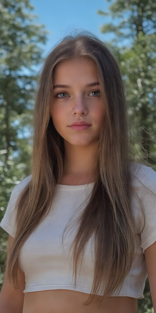 realistic and detailed portrait of a (((stunning))), ((gorgeous)), a young adult girl with straight soft long (((dark chocolate copper hair))) and ((vividly captivating (hazel eyes) that draw you in. She stands in a (sunlit meadow) under a clear blue sky, wearing a (soft, sheer cropped (white t-shirt). The overall atmosphere should convey a sense of innocent beauty and (softness)