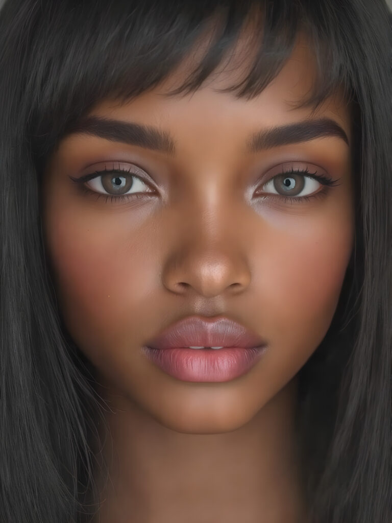 realistic and detailed, a beautiful woman with a flawless face, full plump red kissable lips, symmetrical nose, black, big round and shiny eyes, brown skin, straight black detailed soft hair, bangs
