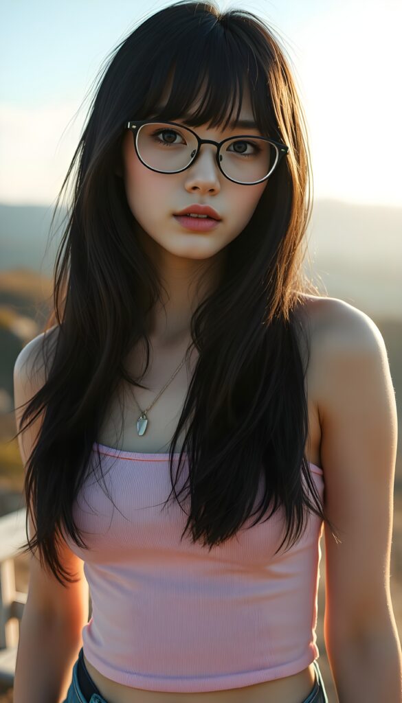 realistic and detailed portrait from a (((cute well busty teen emo girl with long, soft black straight hair framing her face in gentle waves, shoulder long bob cut)) and amber eyes, full lips, ((wears a no printed short form-fitting pink tank top)), against a (((sunny backdrop top of hill))))), she is beautiful and wears black glasses.
