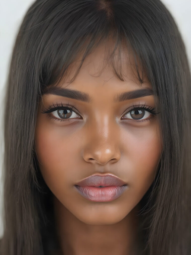 realistic and detailed, a beautiful woman with a flawless face, full plump red kissable lips, symmetrical nose, black, big round and shiny eyes, brown skin, straight black detailed soft hair, bangs