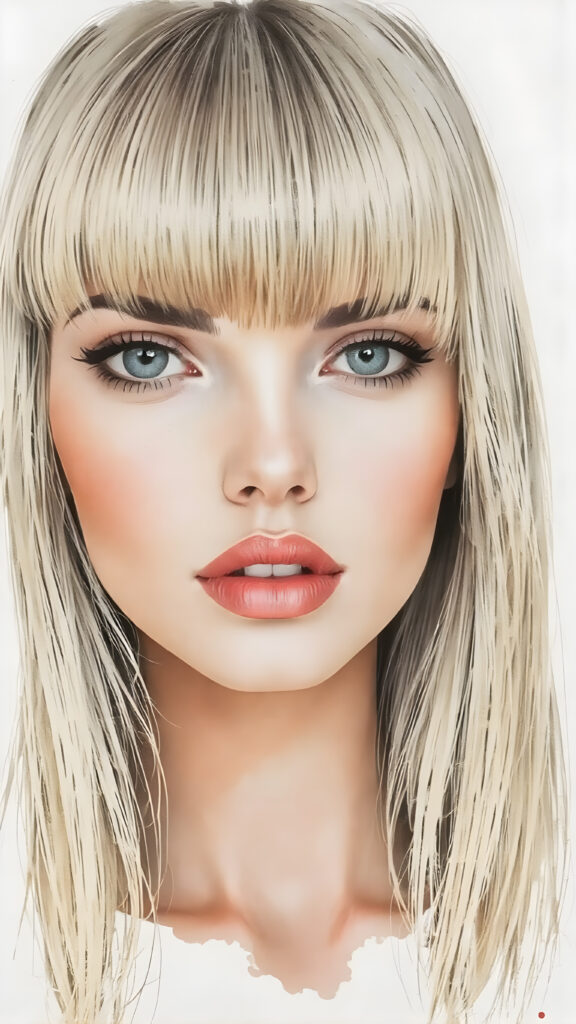 realistic and detailed hand drawing, a realistic girl, straight blond hair, bangs, full plump red lips, perfect makeup