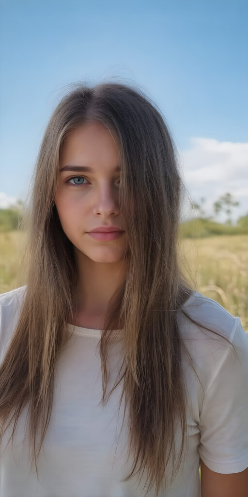 realistic and detailed portrait of a (((stunning))), ((gorgeous)), a young adult girl with straight soft long (((dark chocolate copper hair))) and ((vividly captivating (hazel eyes) that draw you in. She stands in a (sunlit meadow) under a clear blue sky, wearing a (soft, sheer cropped (white t-shirt). The overall atmosphere should convey a sense of innocent beauty and (softness)