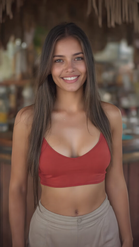 realistic and detailed vacation photo capturing a very happy well busty girl, 18 years old, she wears a thin short cropped spaghetti tank top pared with a short round mini skirt, very long straight jet soft brown hair, deep v-neck, upper body, she stands in front of a stand bar, oasis
