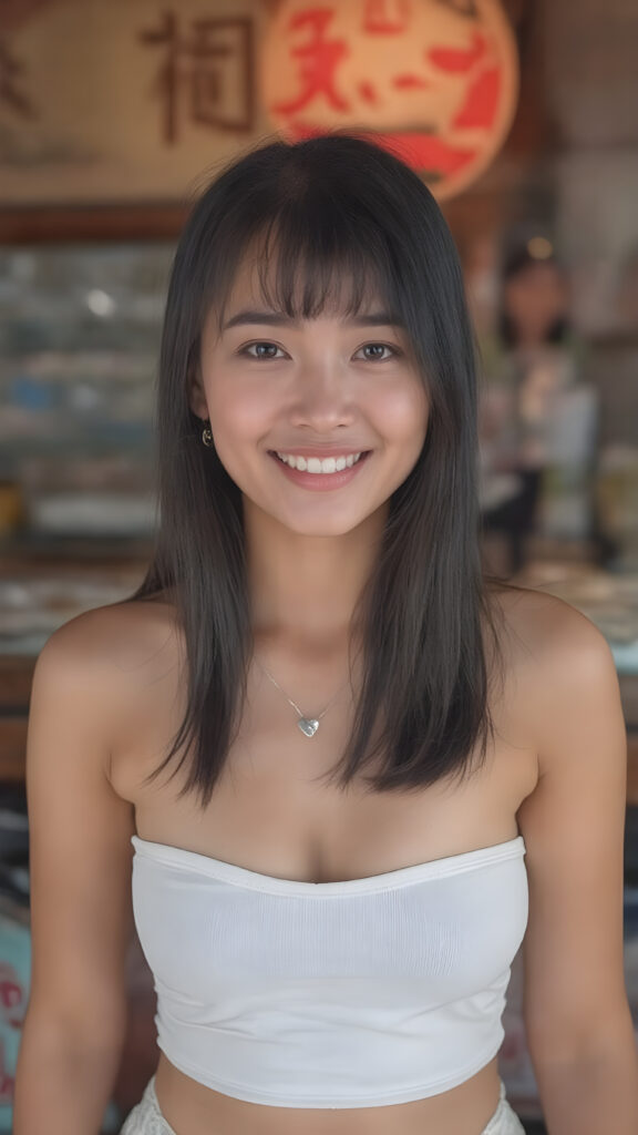 realistic and detailed vacation photo capturing a very happy barefoot and well busty Asian girl, 18 years old, she wears a thin white short cropped spaghetti tank top pared with a short round white mini skirt, very long straight jet soft brown and black hair in bangs cut, deep neck, she stands in front of a stand bar, she exposes her belly button