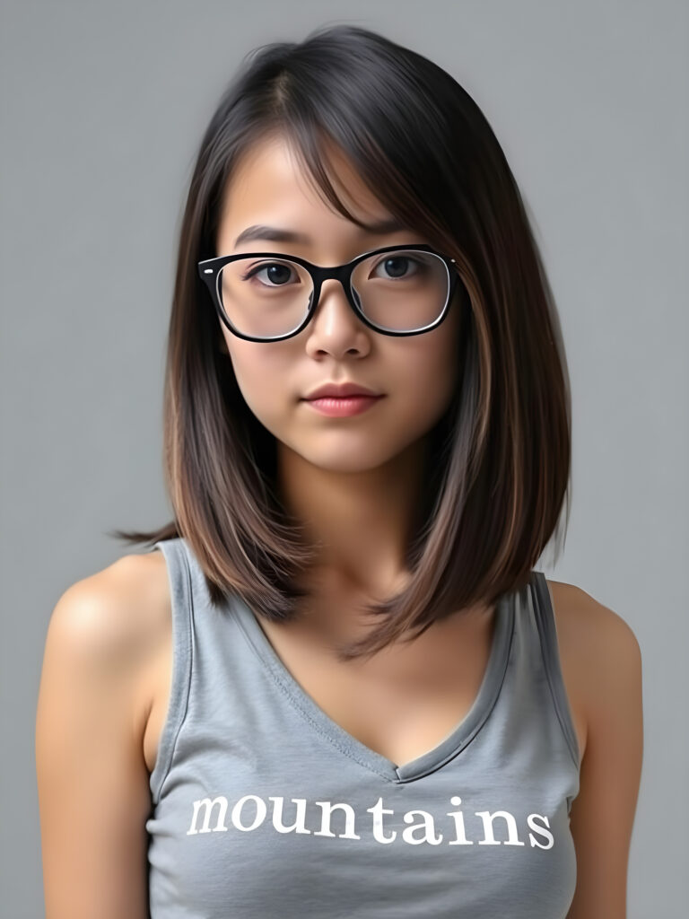 realistic and detailed upper body photo from a cute, young well busty woman with shoulder long, straight, soft black hair and brown highlights in the same length left and right, bob cut, wearing a gray cropped tank top with the words “mountains” printed in white letters, deep v-neck, perfect female body, empty light grey backdrop, black glasses