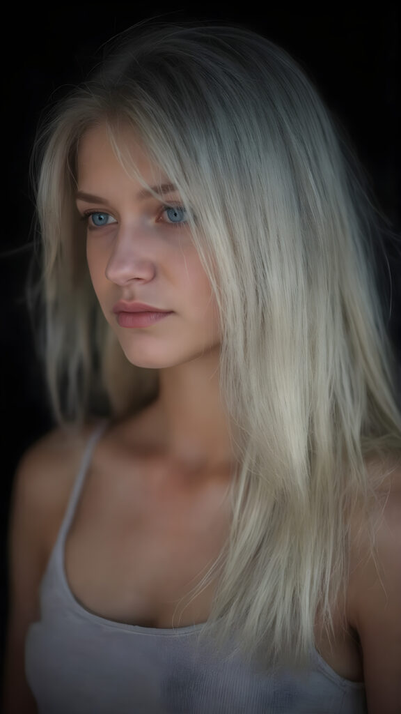 realistic and detailed portrait of a young, pretty 18 years old teen girl with long straight jet white hair, black background, weak light illuminates the girl a little, side view, wears a thin cropped white tank top made of wool, perfect body