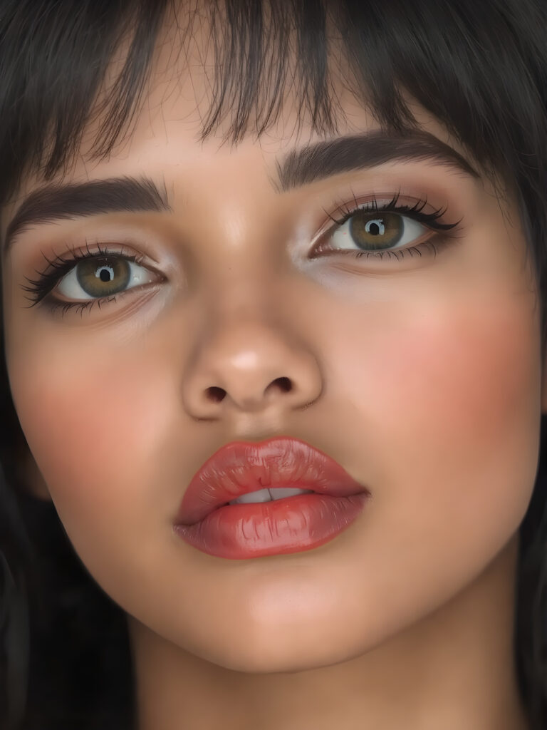 realistic and detailed, a beautiful woman with a flawless face, full plump red kissable lips, symmetrical nose, black, big round and shiny eyes, brown skin, straight black detailed soft hair, bangs