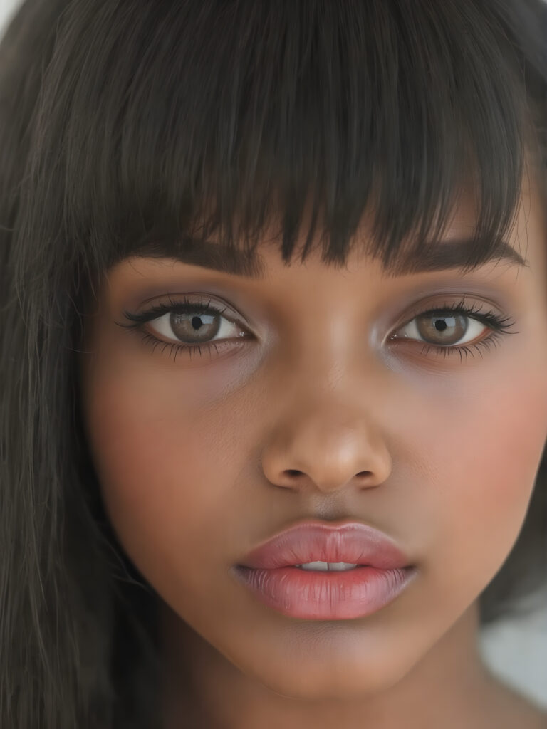 realistic and detailed, a beautiful woman with a flawless face, full plump red kissable lips, symmetrical nose, black, big round and shiny eyes, brown skin, straight black detailed soft hair, bangs