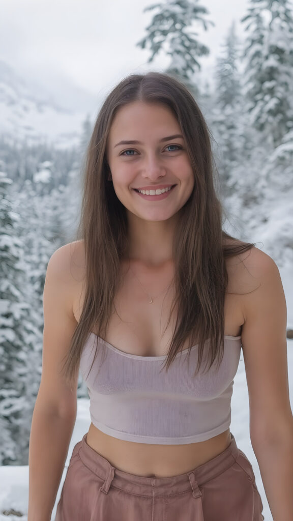 realistic and detailed vacation photo capturing a very happy well busty girl, 18 years old, she wears a thin short cropped spaghetti tank top pared with a short round mini skirt, very long straight jet soft brown hair, deep v-neck, upper body, (in the background is a cold, snowy white forest, snow-covered mountains