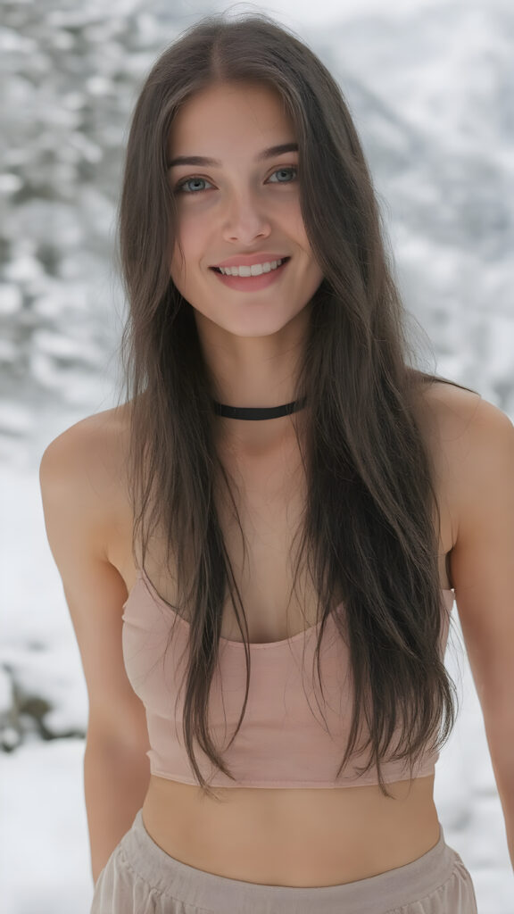 realistic and detailed vacation photo capturing a very happy well busty girl, 18 years old, she wears a thin short cropped spaghetti tank top pared with a short round mini skirt, very long wavy and flowing soft black hair, deep v-neck, upper body, (in the background is a cold, snowy white forest, snow-covered mountains, she wears a black, thin collar