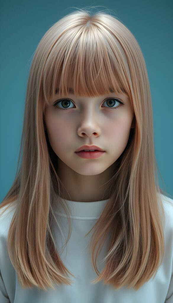 ((realistic close up photo)) a young very sad girl stands in front of the viewer, she has long straight full open (salmon-colored hair and pink highlights), bangs, her hair falls down like a waterfall, cover her upper body, brown eyes, round face, wears a snow white plain t-shirt, alone. Light blue backdrop.