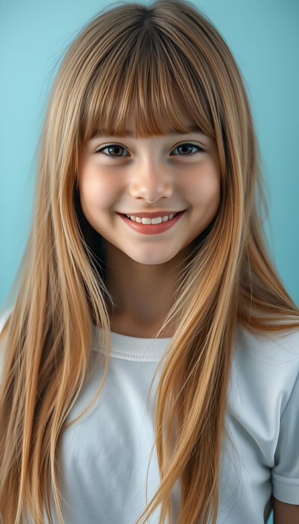 ((realistic close up photo)) a young very happy girl stands in front of the viewer, she has long straight full open (salmon-colored hair and pink highlights), bangs, her hair falls down like a waterfall, cover her upper body, brown eyes, round face, wears a snow white plain t-shirt, alone