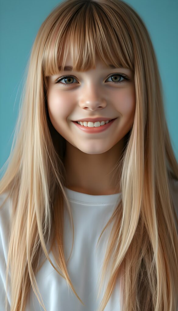 ((realistic close up photo)) a young very happy girl stands in front of the viewer, she has long straight full open (salmon-colored hair and pink highlights), bangs, her hair falls down like a waterfall, cover her upper body, brown eyes, round face, wears a snow white plain t-shirt, alone