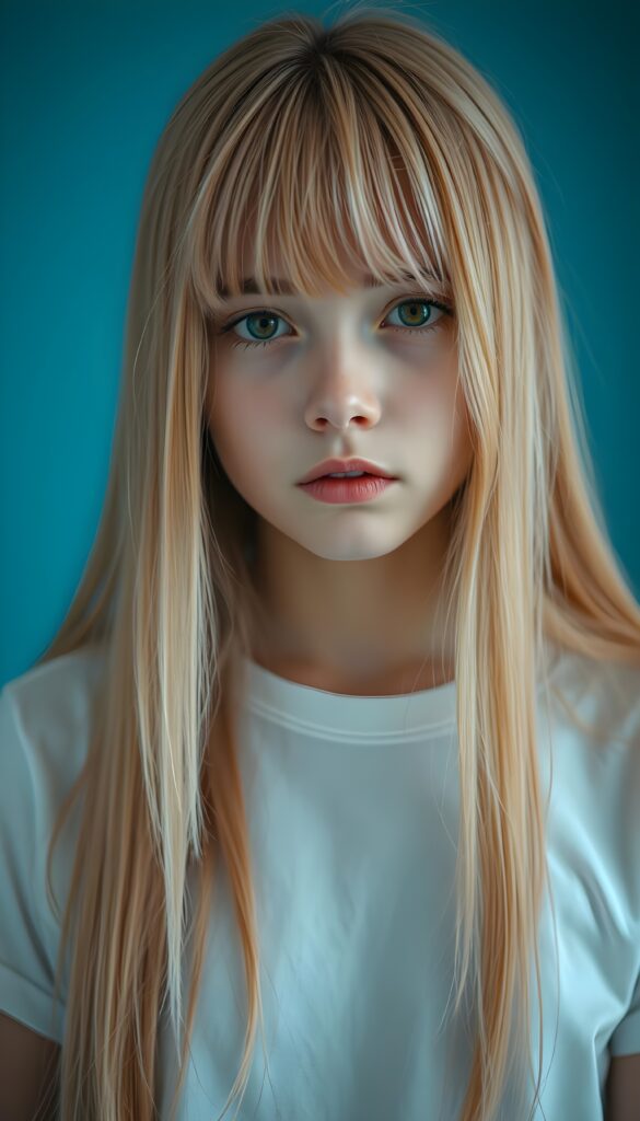 ((realistic close up photo)) a young very sad girl stands in front of the viewer, she has long straight full open (salmon-colored hair and pink highlights), bangs, her hair falls down like a waterfall, cover her upper body, brown eyes, round face, wears a snow white plain t-shirt, alone. Light blue backdrop.