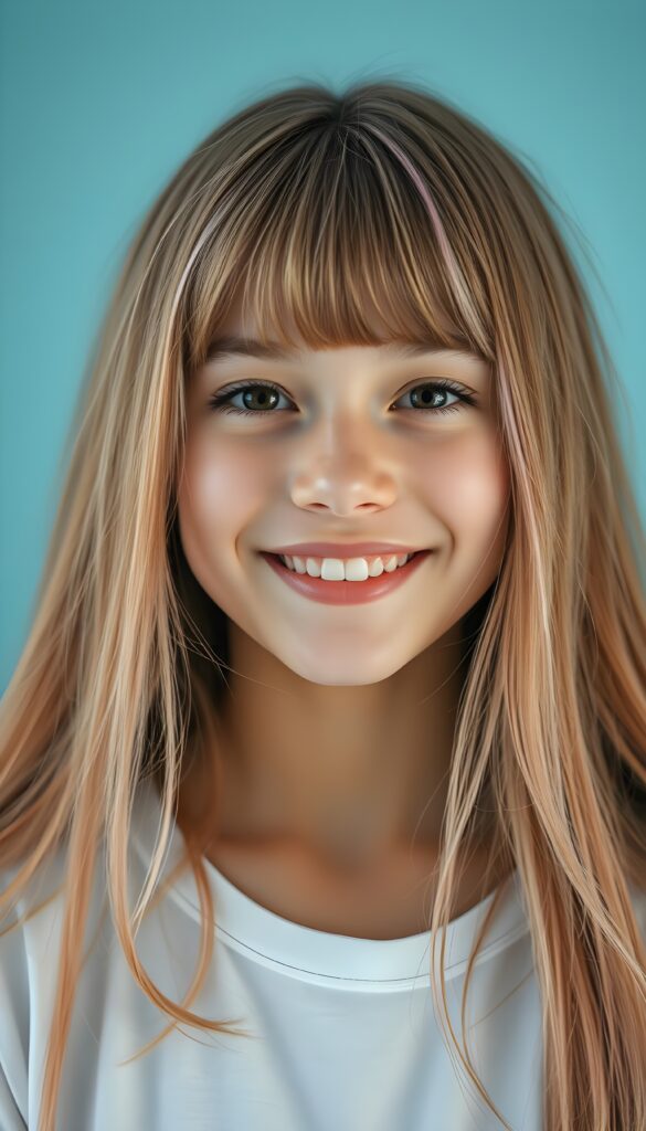 ((realistic close up photo)) a young very happy girl stands in front of the viewer, she has long straight full open (salmon-colored hair and pink highlights), bangs, her hair falls down like a waterfall, cover her upper body, brown eyes, round face, wears a snow white plain t-shirt, alone