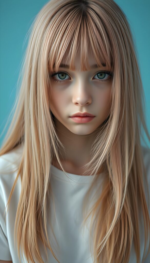 ((realistic close up photo)) a young very sad girl stands in front of the viewer, she has long straight full open (salmon-colored hair and pink highlights), bangs, her hair falls down like a waterfall, cover her upper body, brown eyes, round face, wears a snow white plain t-shirt, alone. Light blue backdrop.